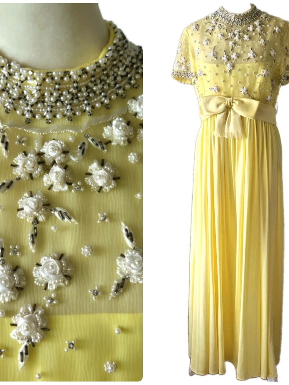 Vtg Silk Chiffon Lillie Rubin/ Victoria Royal Ltd Yellow Rosette Gown, Pearl